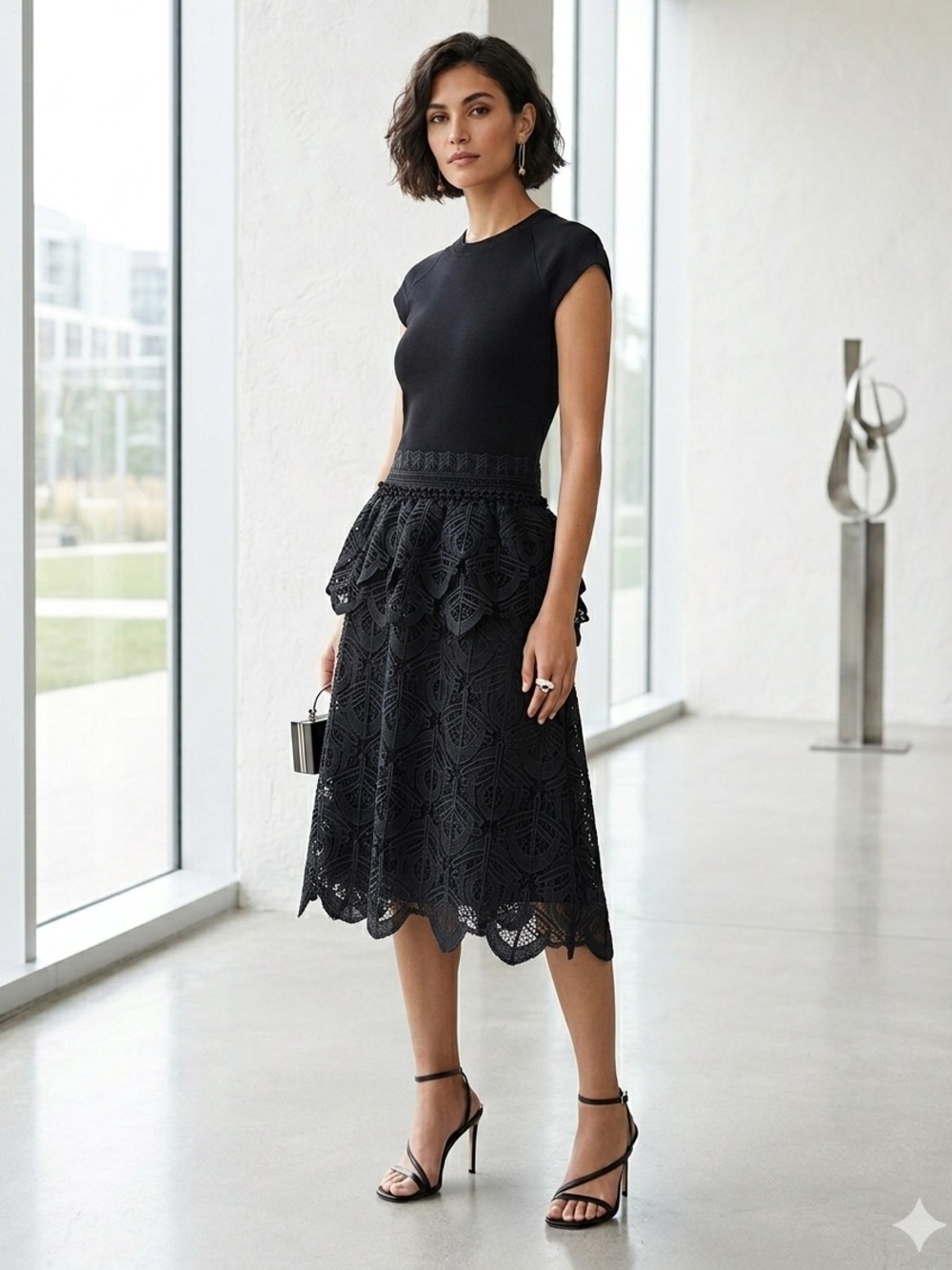 Antonio Berardi Black Knit Fit-and-Flare Lace A-line Midi Dress - US 4 (IT 40)